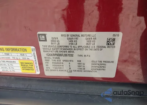 2015 GMC Acadia Sle-2 из США, поврежденный, VIN 1GKKRPKD6FJ367032